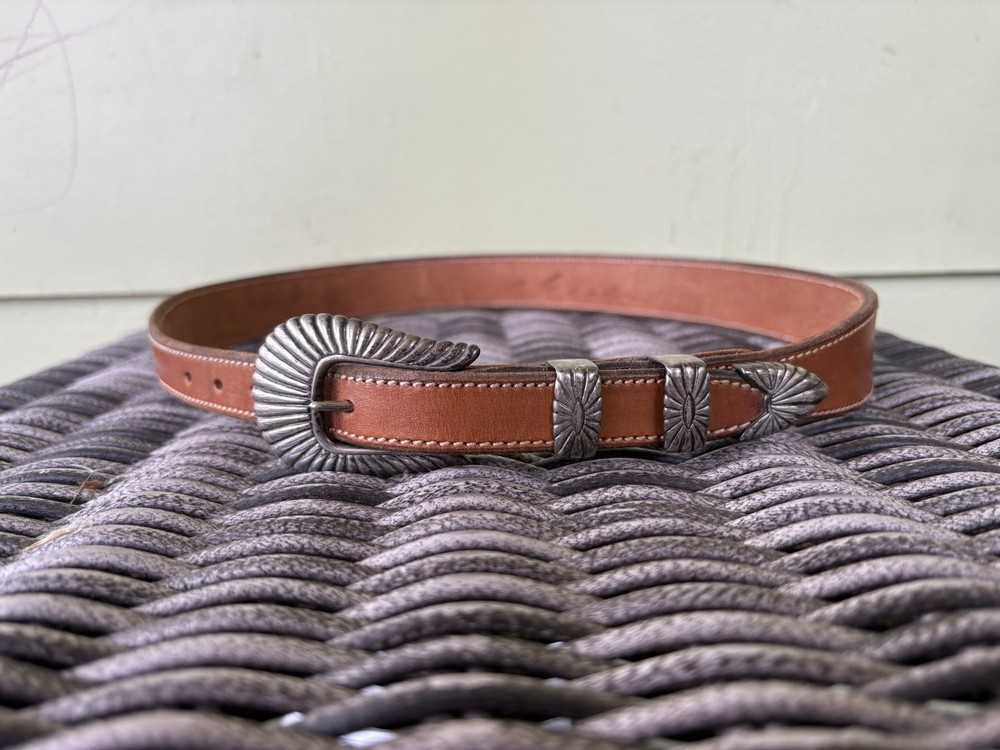 Douglas Magnus 4 Piece Sterling Silver Santa Fe Buckle Brown Leather Belt