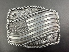 Waving American Flag Patriotic Silver Color Rope Border Western NOS Belt Buckle