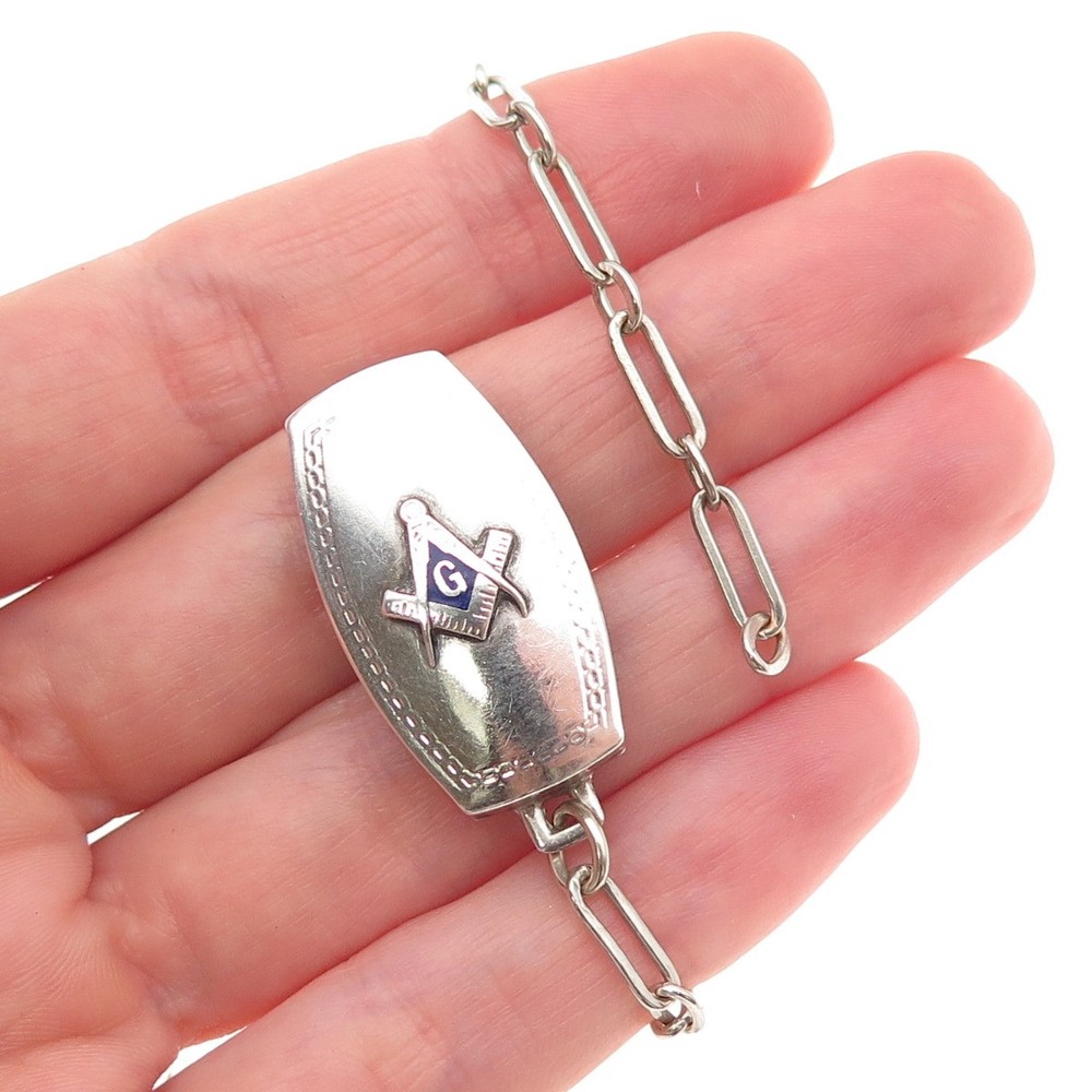 Hickok Quality Sterling Silver Antique Enamel Masonic Pocket Watch Loop Chain
