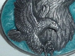 VINTAGE SISKIYOU BUCKLE CO. AMERICAN BALD EAGLE PEWTER ENAMEL BELT BUCKLE