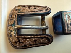BCMEX 3pc Western Belt Buckle Set Blue Silver Engraved