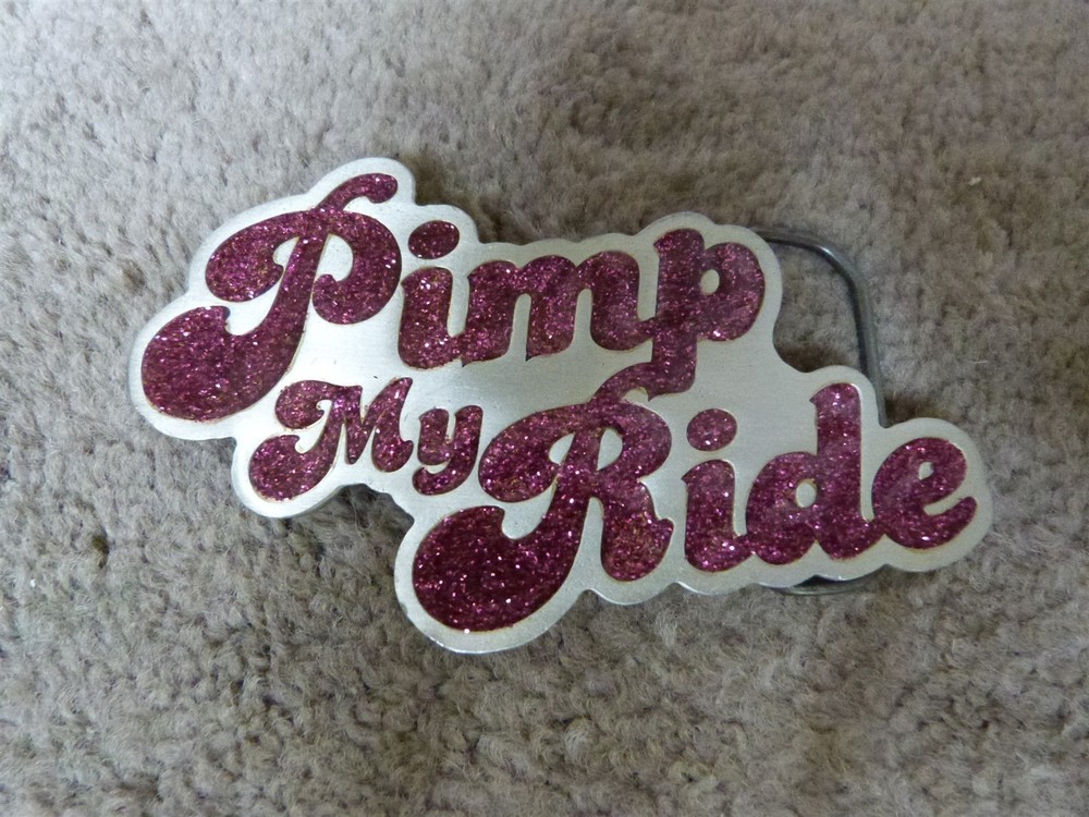 VTG 2004 PIMP MY RIDE Belt Buckle Fine Pewter 4731C Purple Sparkle Acrylic 4.25&Prime;