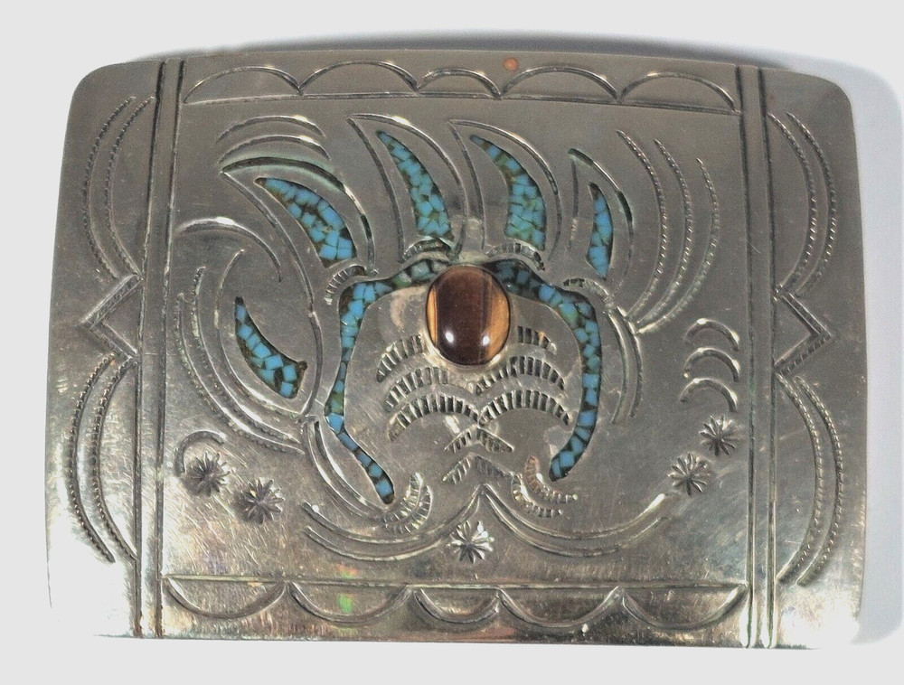 Navajo CK belt buckle bear claw stamped turq inlay cat&rsquo;s eye cab 3&Prime; by 2 1/4&Prime;