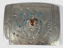 Navajo CK belt buckle bear claw stamped turq inlay cat&rsquo;s eye cab 3&Prime; by 2 1/4&Prime;