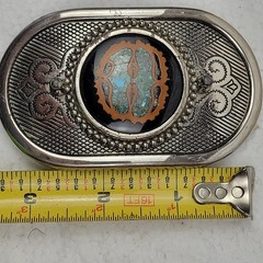 Belt Buckle Unisex_ Chrome Oval With Woodgrain Front With Encased Turquoise Size