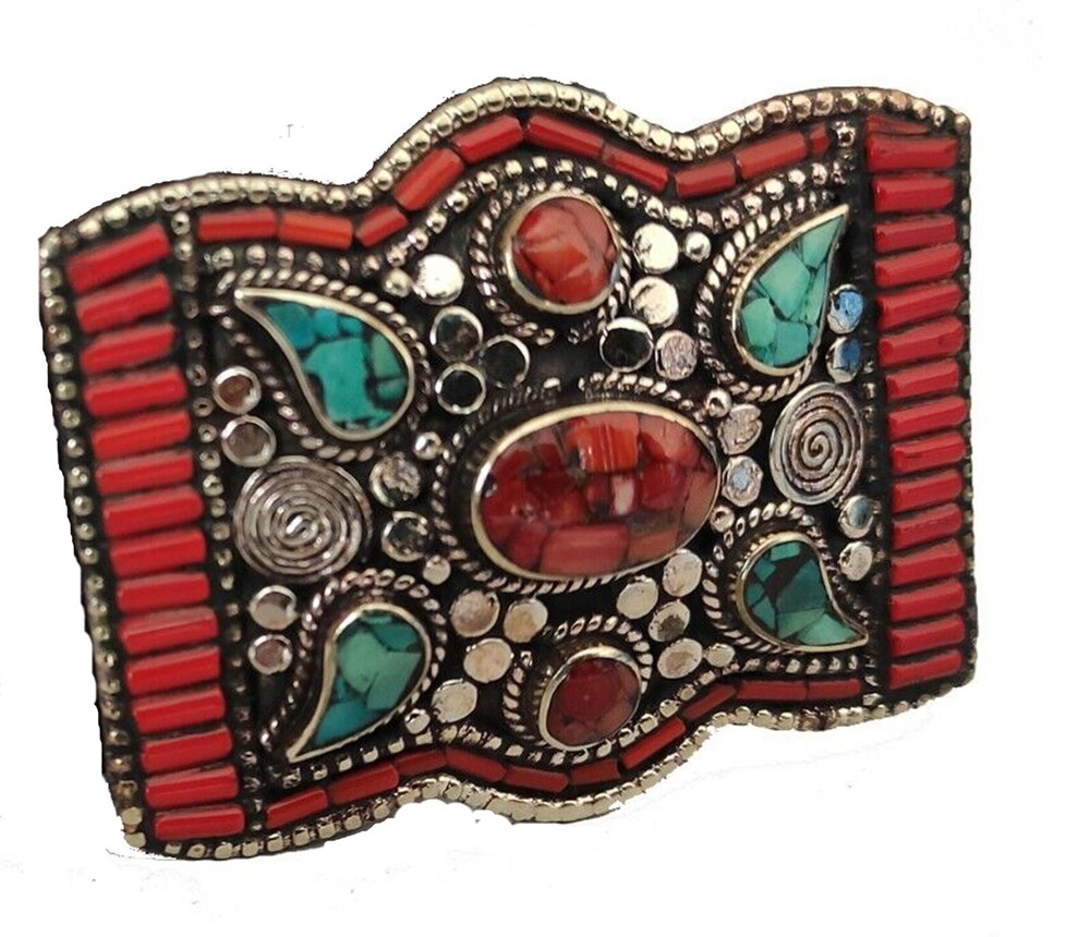 Tibetan Silver Belt Buckle Clasp waist trap Turquoise Coral Stone B47A