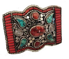 Tibetan Silver Belt Buckle Clasp waist trap Turquoise Coral Stone, B47A