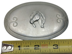 Vintage Satin Silver Tone – Horse with Horseshoe 2.5&Prime; x 3.5&Prime; Belt Buckle