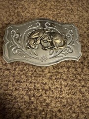 Western Silver Tone Belt Buckle with Brass Tone Bucking Bronco Horse