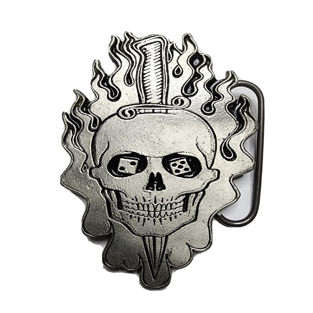 Vintage Skull and Sword with flames – Black and Silver Belt Buckle