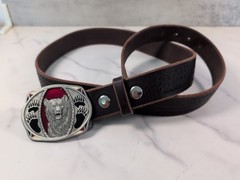 1995 C&J Inc. Pewter Bear Belt Buckle & Tooled Brown Leather Belt 42&Prime;-47&Prime; USA