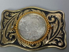 Vtg 1923 Peace Silver Dollar Coin Belt Buckle Engraved Scrollwork Western Cowboy