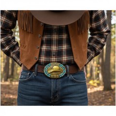 Men Women Antique Gold Metal Belt Buckle Cowboy Hat Turquoise Blue Bead Filigree