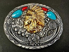 Native American Indian Chief in Head Dress Faux Turquoise & Coral Belt Buckle