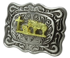 Belt Buckle With Religion Cross Cowboy Kneeling Prayer And Horse Design