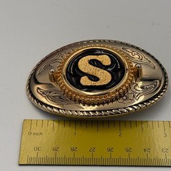 Vintage Western Belt Buckle Gold Tone Initial S Black Enamel Oval Made in USA