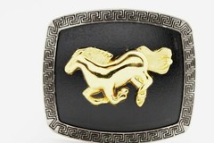 Men Casual Look Western Belt Buckle Silver Metal Square Gold Rodeo Horse Black