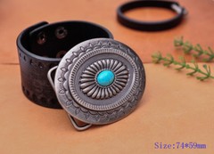 Vintage Silver Southeast Tribal Flower Pattern Turquoise Belt Buckle Huge