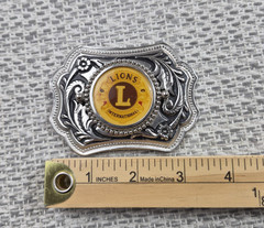 Lions International Belt Buckle Mens Silver Floral Western Logo Rectangular