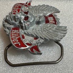 Winged Skull Eagle MC Rebel Rider Belt Buckle Silver Tone Red Enamel Reissue