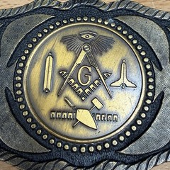 Masonic Belt Buckle Mens Gold Tone Metal Square Compass G Western Antique Finish