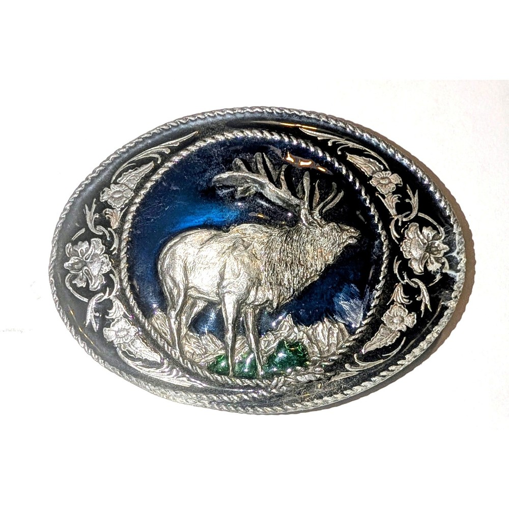 1991 Siskiyou Pewter Elk Belt Buckle Blue Enamel Made in USA Vintage