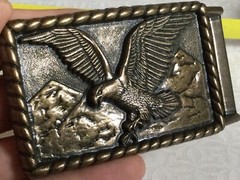 Patriotic Vintage American Bald Eagle Soaring Over Mountains Brass Belt Buckle