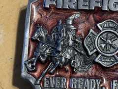 1983 AMERICA&rsquo;S FIREFIGHTERS BELT BUCKLE -EVER READY EVER WILLING Colorful Enamel