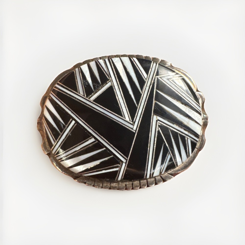 Vintage Southwestern Style Sterling Silver Belt Buckle Stamed B Black white Art