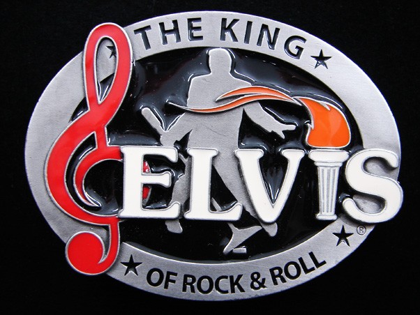 RG09131 *NOS* REALLY COOL **ELVIS THE KING OF ROCK & ROLL** PEWTER BELT BUCKLE