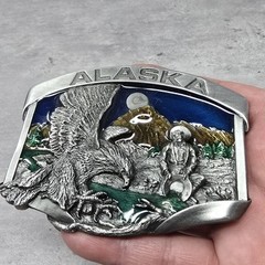 Vintage 1984 Alaska Eagle Gold Miner 3D Color Siskiyou Pewter Belt Buckle Enamel