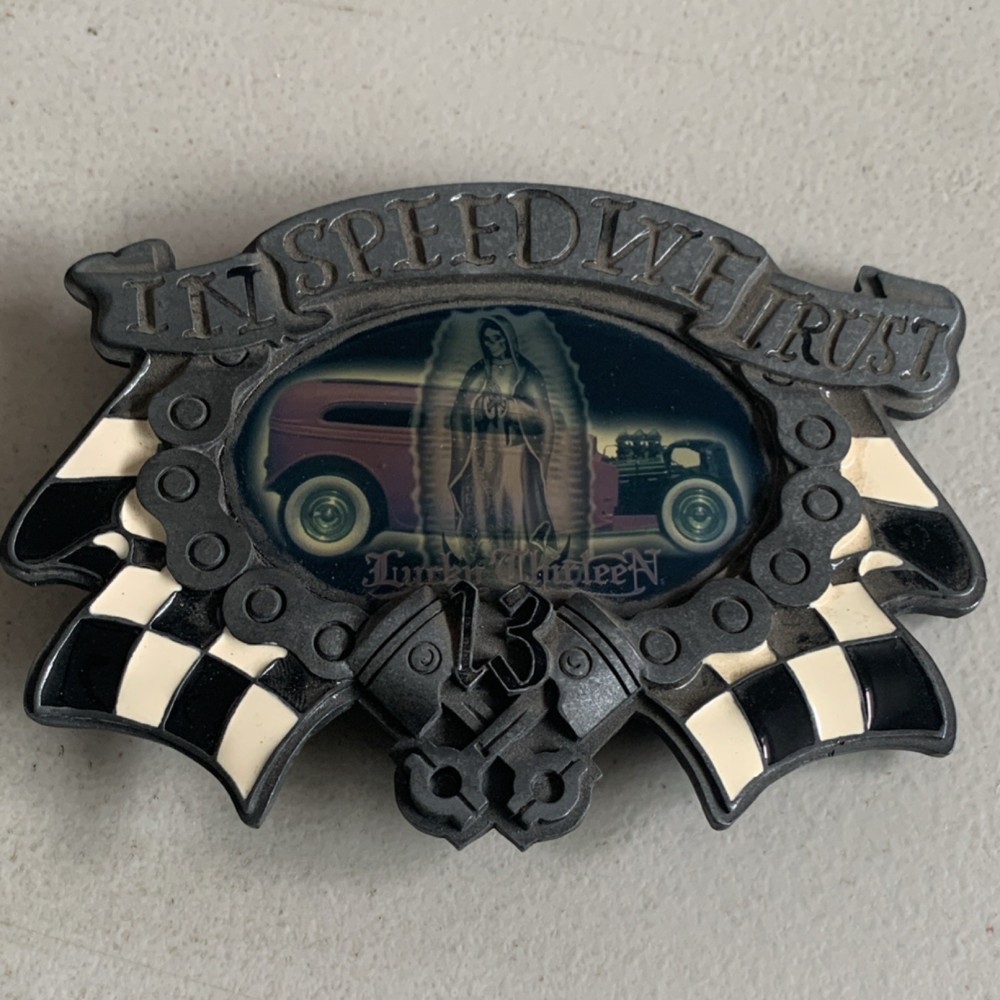Lucky 13 Apparel In Speed We Trust Vintage Lead Free Hot Rod Biker Belt Buckle