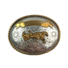 Vintage Alpaca Mexico Calf Roper Etched Silver Metal Belt Buckle
