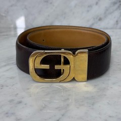 GUCCI buckle belt GG Logo Gold hardware Brown Leather Made in Italy Authentic