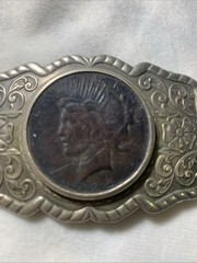 NICKEL SILVER BELL Vintage 1925 Peace Dollar Coin Ornate Belt Buckle 3.25×1.25&Prime;