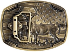 Men Antique BRONZE Metal Belt Buckle Deer Hunter Western USA Flag Background