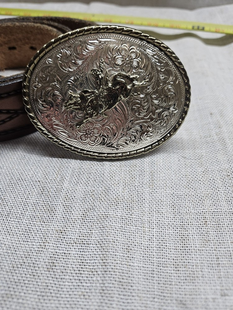 Vintage Metal Belt/Buckle Silver and Brass Bronco Rodeo Bull Riding Cowboy USA