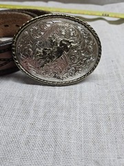 Vintage Metal Belt/Buckle Silver and Brass Bronco Rodeo Bull Riding Cowboy USA