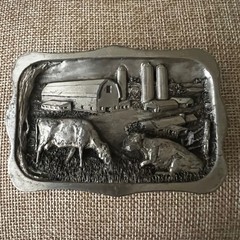 Vintage 1983 Bergamot Brass Works Cow Barn Farm Belt Buckle Pewter Size Farmcore