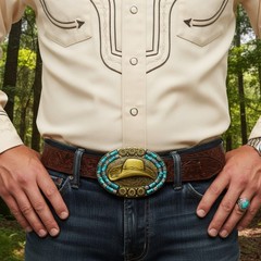 Men Antique Gold Metal Western Belt Buckle Cowboy Hat Turquoise Blue Color Beads