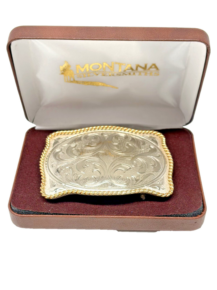 Montana Silversmiths Two-Tone Engraved Belt Buckle Gold Tone Twisted Rope Trim
