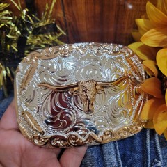 Longhorn Cowboy Belt Buckle Western HebillaSilver & Rosetone 4×3.5 Inch
