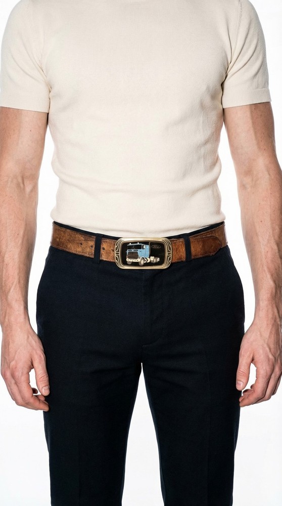 VINTAGE GREEN MACHINE LEATHER BELT WITH FORD TRUCK BUCKLE MEN&rsquo;S