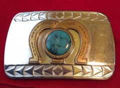 Double Horseshoe Large Blue Stone Silver And Gold Tone Belt Buckle