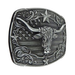 American Flag Longhorn Steer Star Belt Buckle Antique Silver Fits 1.5 inch Belts