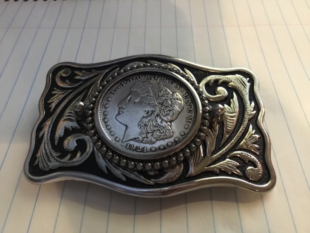 Silver Color Southwest Western REAL 1921 Morgan Silver Dollar Belt Buckle