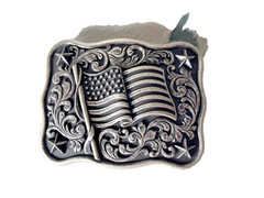 Nocona Mens Belt Buckle 3.75 x 3 in US Flag Star Western Matte Black Silver 1.5