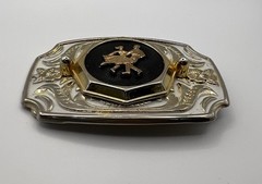 Western White Enamel Gold Tone Belt Buckle Couple Dancing Dance Floral Scroll