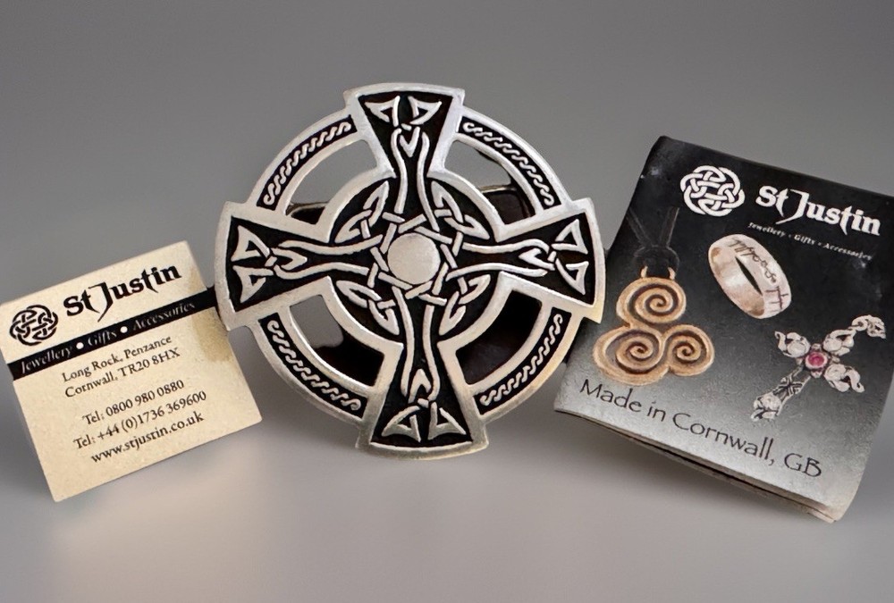 St. Justin Celtic Cross Pewter Belt Buckle Fits 40 mm Belt-New