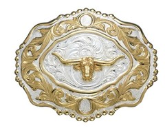 Crumrine Western Belt Buckle Longhorn Bead Scroll Silver Bronze C08726